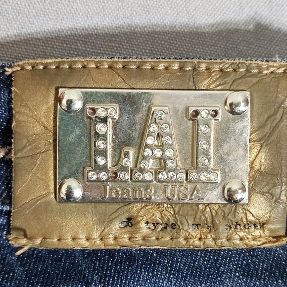 L.A.Idol flare jeans women's junior size 7 dark wash blue rhinestones decor - Picture 5 of 15